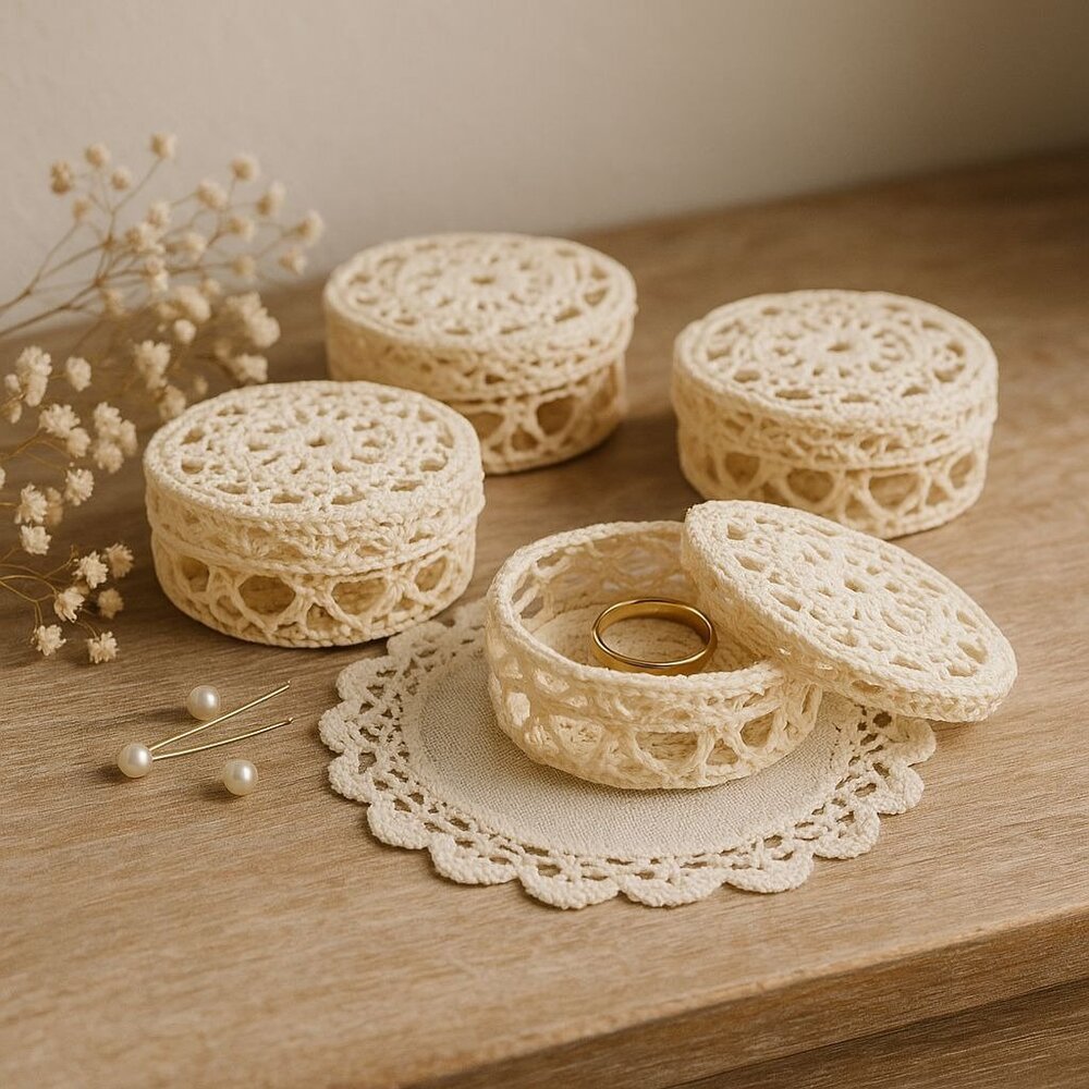 Romantic Crocheted Lace Trinket Boxes Set of 4 Containers Spa Bath Vanity Decor